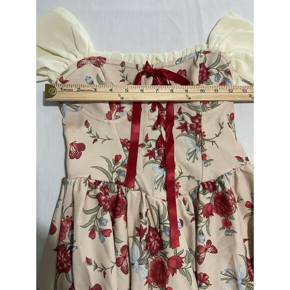 Women’s German Style Cosplay Dress Sz S Red Florals Tie Bodice Puff Off Shoulder - Picture 13 of 16